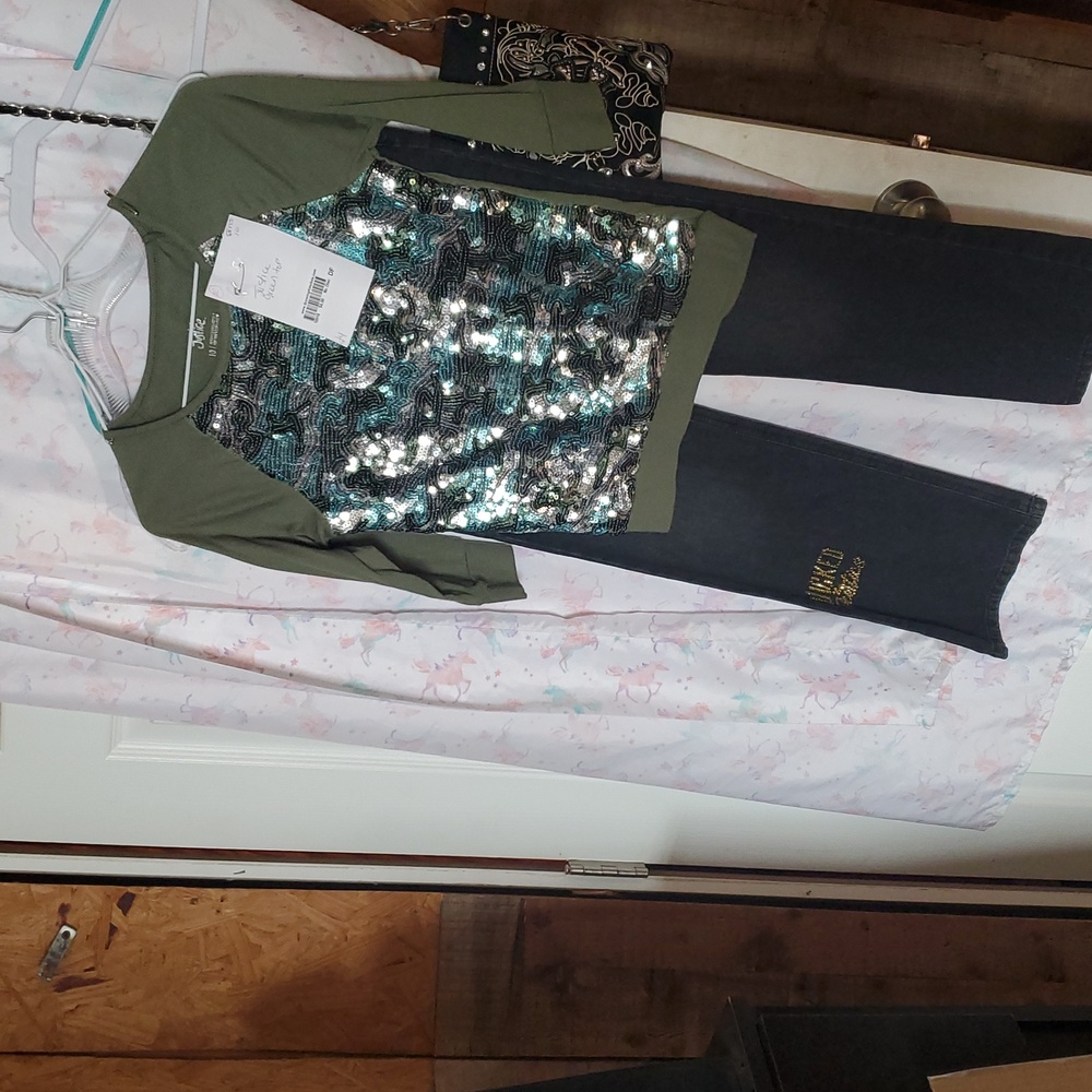 Green and Silver Sequin Justice Top with WICKED Black jeans Size 10